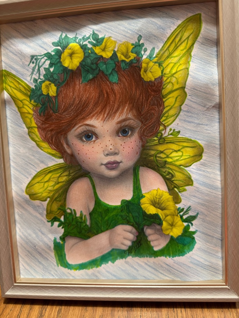 Handmade Fairy Child Portrait in Green and Yellow